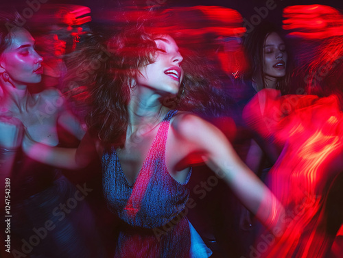 Woman dancing passionately under red neon lights in a crowded club