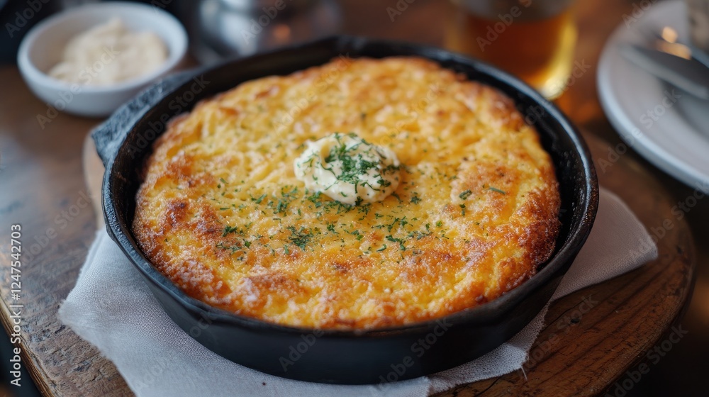 Delicious Cornbread Casserole with Creamy Topping Served in a Black Skillet Delicious Cornbread Casserole with Creamy Topping Served in a Black Skillet