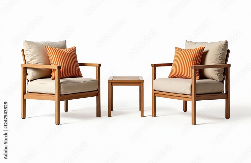 Fototapeta premium Outdoor wooden furniture set for patio. Two armchairs, small table. Neutral beige cushions with orange striped pillows. Minimalist design style. Ideal for home villa. Perfect for relaxation, enjoying