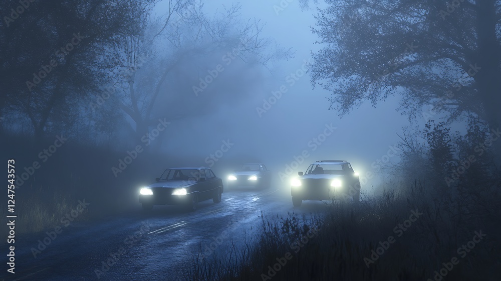 Obraz premium Foggy road scene with cars illuminated by headlights