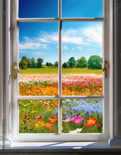 Bright sunlight streams through open window panes, revealing a breathtaking landscape filled with colorful wildflowers and lush greenery. A perfect glimpse of nature’s splendor