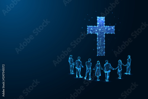 Christian Church, faith, unity concept with group of people holding hands, looking at glowing cross