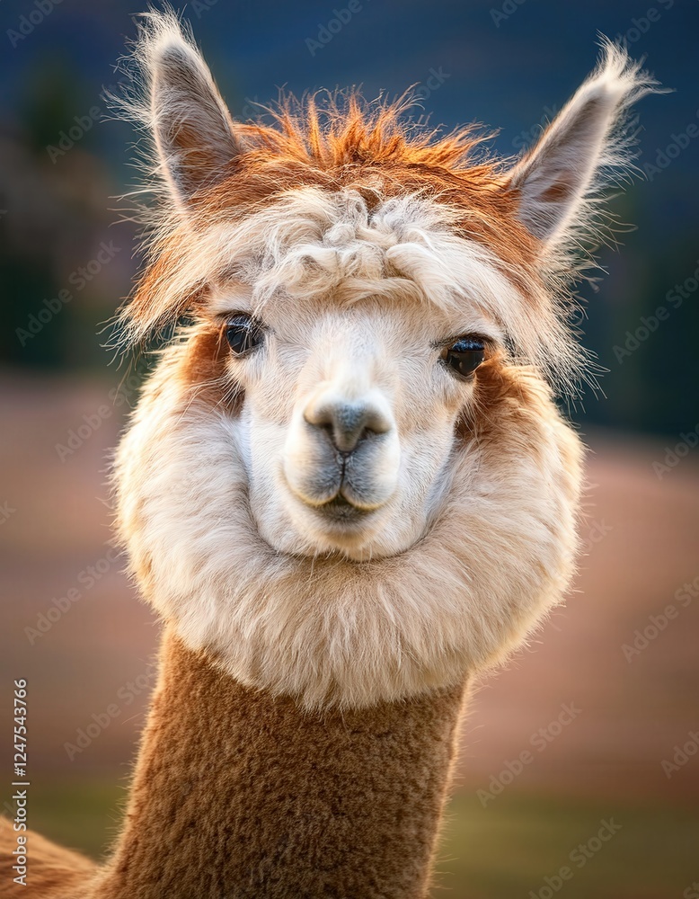 Obraz premium A fluffy brown alpaca tilts its head in a playful manner, showcasing its charming personality. Set against a backdrop of rolling hills, this delightful creature brings a sense of peace and happiness