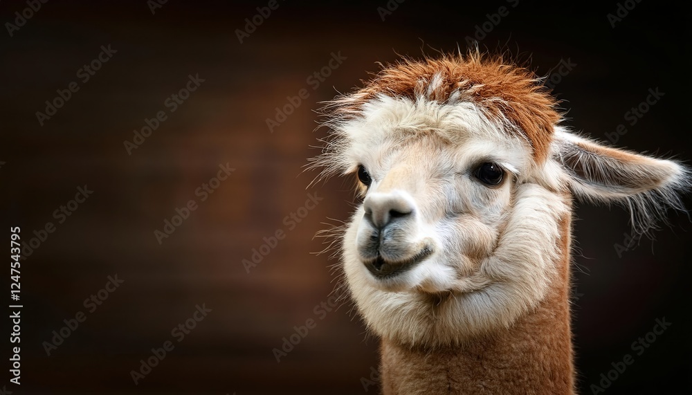 Fototapeta premium A fluffy brown alpaca poses with a whimsical head tilt, radiating joy and curiosity. This lighthearted moment captures the soothing essence of this lovable creature, perfect for animal lovers