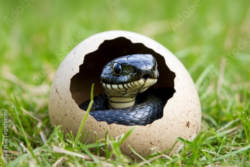 A baby snake hatches from an egg. Newly born snakes nestled together Snake reproduction in the wild photo