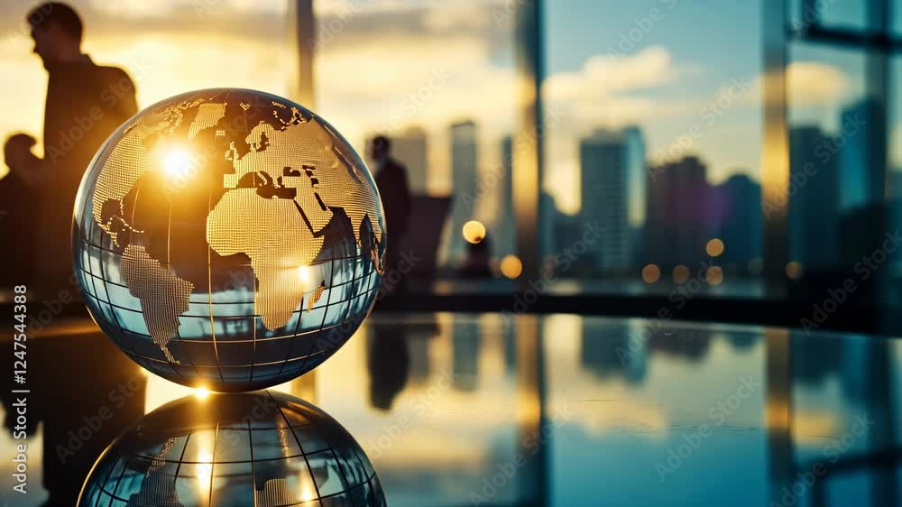 Glass Globe Reflecting Business Office with City Skyline at Sunset. High quality 4k footage