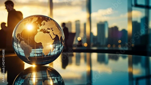 Glass Globe Reflecting Business Office with City Skyline at Sunset. High quality 4k footage