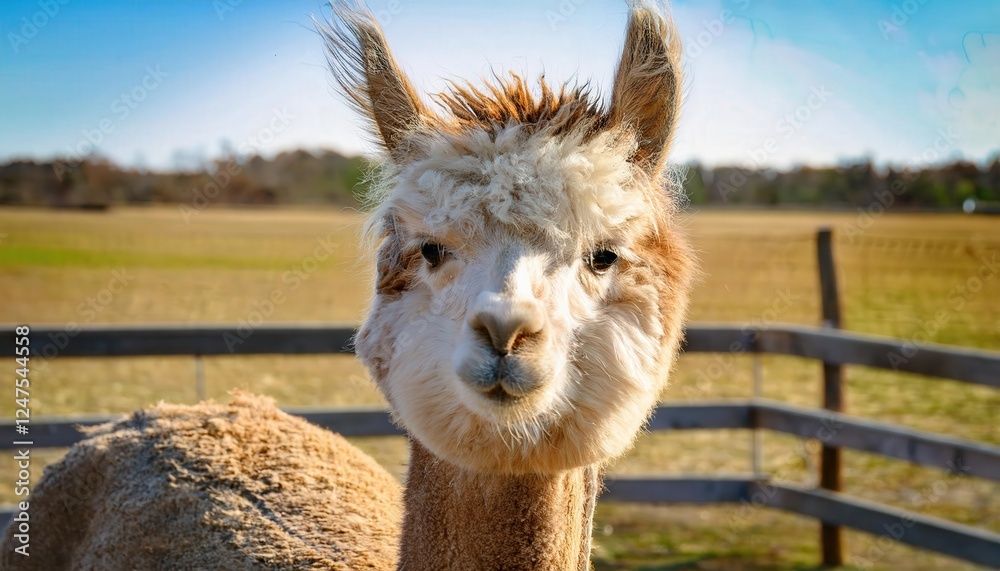Obraz premium Freshly sheared alpaca captures attention with its quirky expression and fluffy head while basking in the gentle sunlight of a tranquil pasture