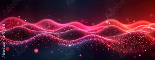 Abstract digital artwork with vibrant pink, red sound waves on black background. Dynamic graphic design. Modern, futuristic visuals. Energy, motion. Intricate patterns, textures. Visual