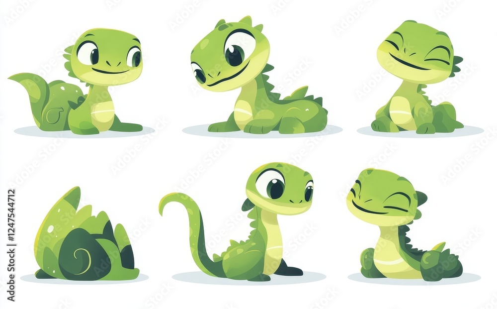 Obraz premium A set of charming green snakes in multiple poses. Part of a reptile collection. Showcases poisonous animals. Features wildlife in a smiling, kawaii character style. Illustrated in a flat, modern