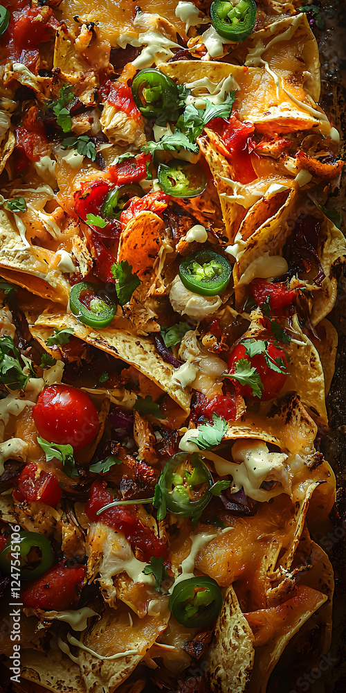 Fototapeta premium Indulge in Flavorful Nachos: Tortilla Chips Topped with Melted Cheese, Fresh Vegetables, Spicy Jalapeños, and Colorful Toppings for a Savory, Crunchy, Festive Appetizer or Snack