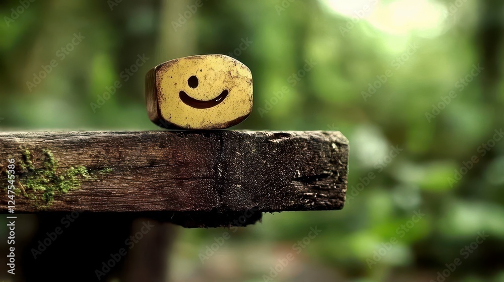Smiling Face On Weathered Wooden Plank In Forest Smiling Face On Weathered Wooden Plank In Forest