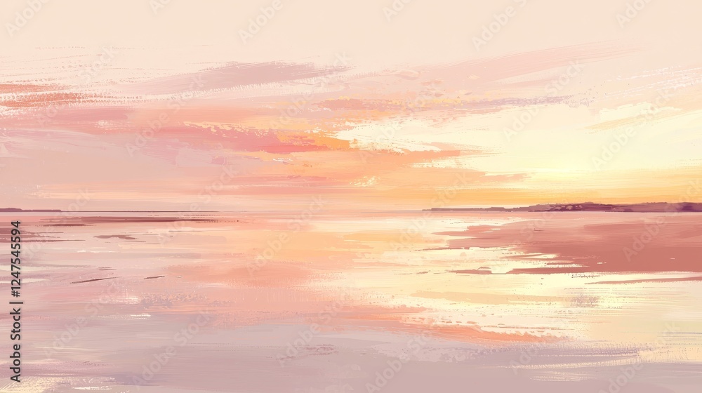 Obraz premium Intimate aerial capture of a secluded tropical beach at dusk, soft pink and orange hues painting the sky and reflecting on the water, minimalistic illustration, soft brushstrokes