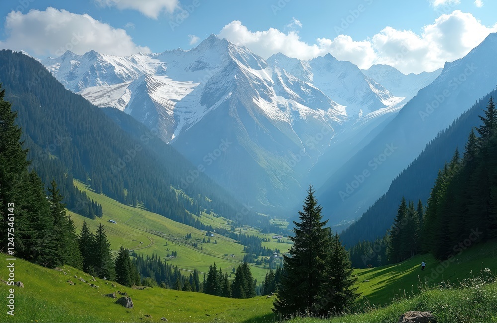 Obraz premium Vast valley unfolds with rich green meadows, forests nestled amongst snow-capped mountains. Sunlight bathes scene in tranquil atmosphere. Trees climb slopes with small villages sprinkled across