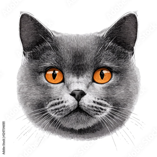 British Shorthair Cat Head – Charming Watercolor Vector Illustration for Creative Designs  
