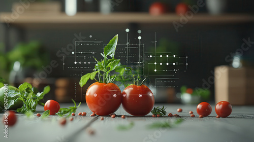 Fresh tomatoes with digital nutritional data overlay, showcasing health benefits and vibrant colors. Ideal for food technology and healthy eating concepts