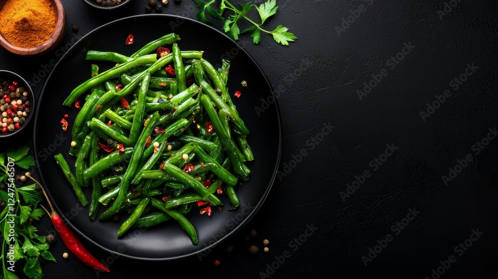 Sauteed green beans served on a matte black plate, surrounded by spices and condiments, captured in a dramatic low-light setting, moody photography