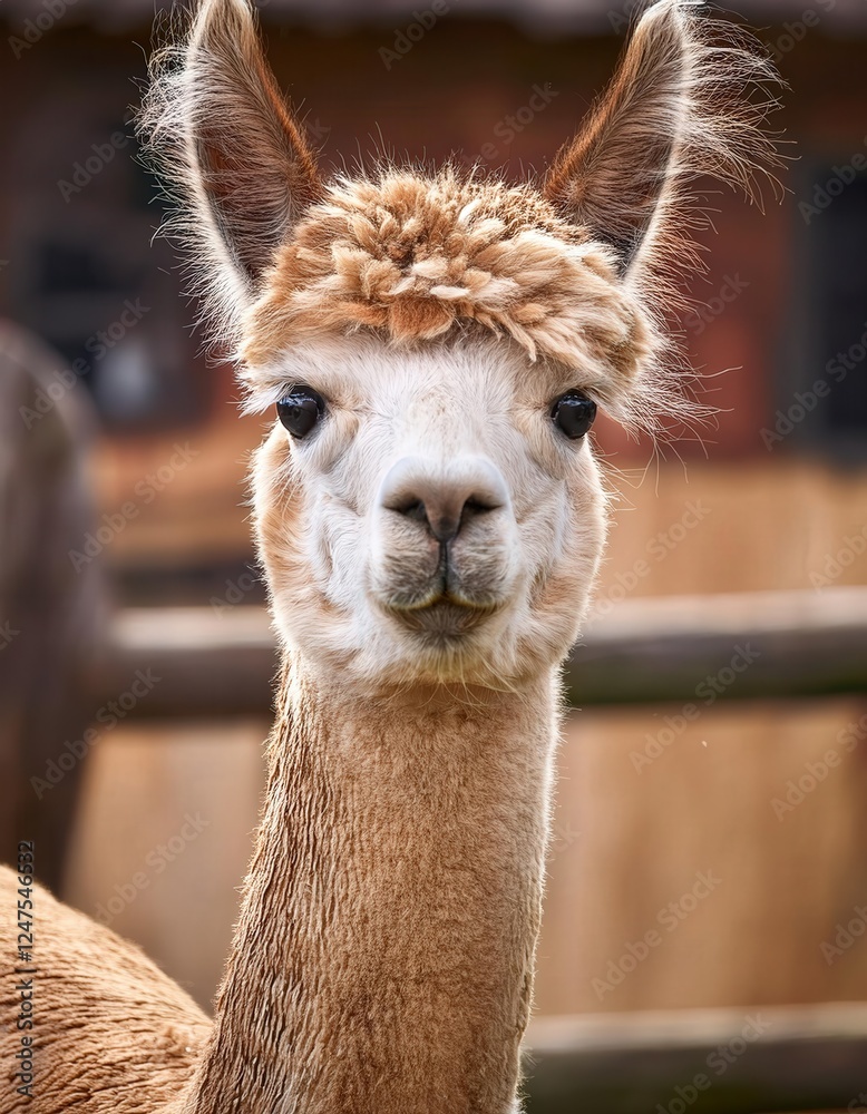 Obraz premium Fluffy alpaca stands proudly, displaying its unique quizzical expression against the backdrop of a peaceful farm. Soft light enhances its charming features, inviting a sense of tranquility