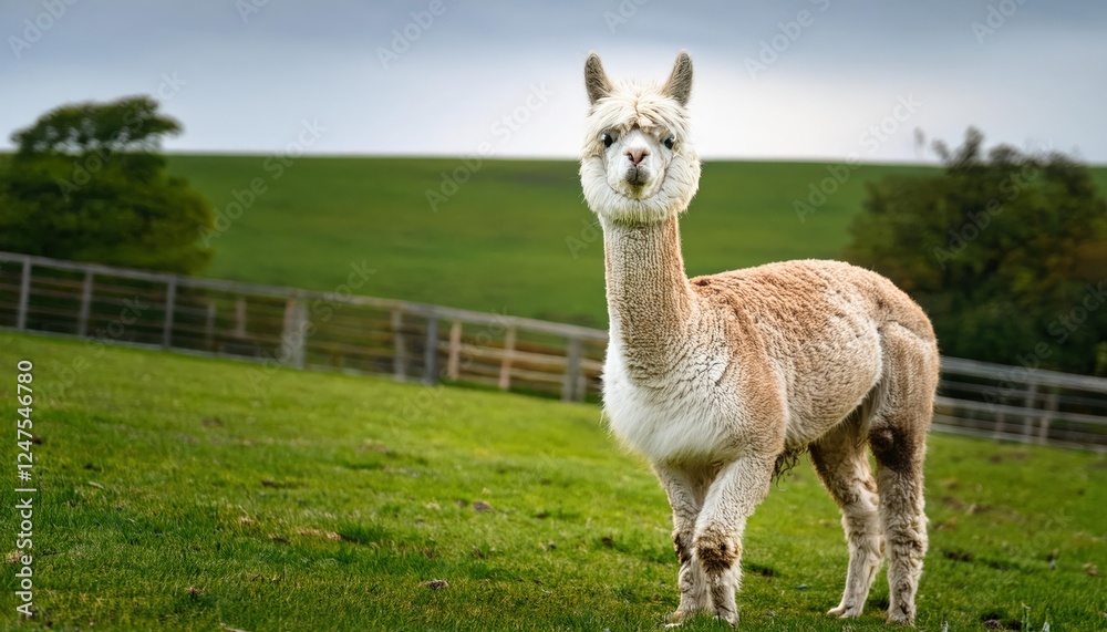 A playful shorn alpaca with a fluffy head stands elegantly in a lush green pasture, embodying tranquility and cuteness. The animal gazes curiously while enjoying the serene outdoor environment A playful shorn alpaca with a fluffy head stands elegantly in a lush green pasture, embodying tranquility and cuteness. The animal gazes curiously while enjoying the serene outdoor environment