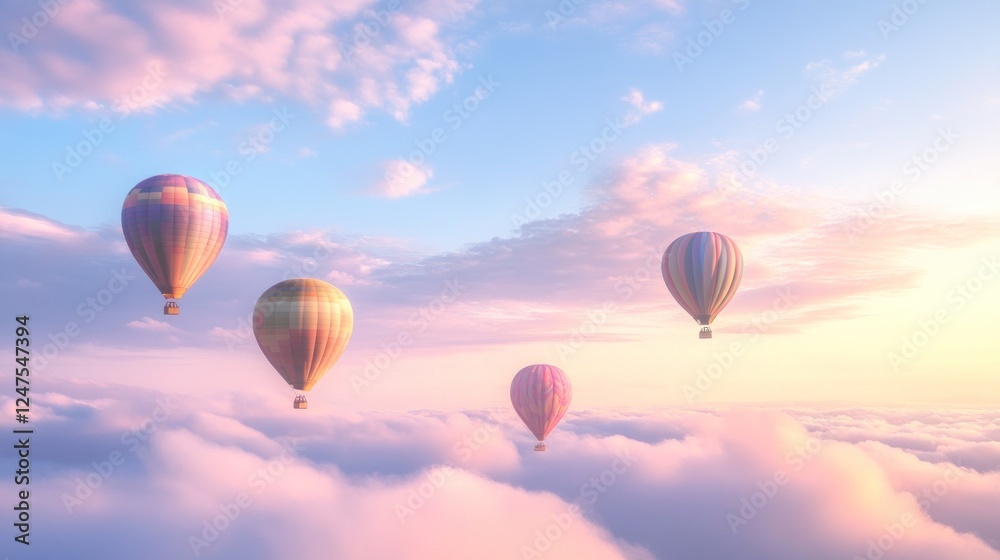 Obraz premium Colorful hot air balloons soar above clouds at sunrise, idyllic travel poster