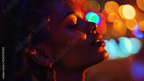Fashionable model with curly hair and golden earrings enjoys the vibrant nightlife, her face illuminated by colorful city lights in a glamorous and atmospheric setting