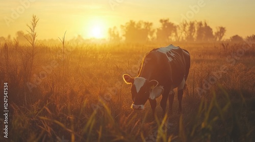 Sunrise Calf Grazing Misty Meadow Pasture