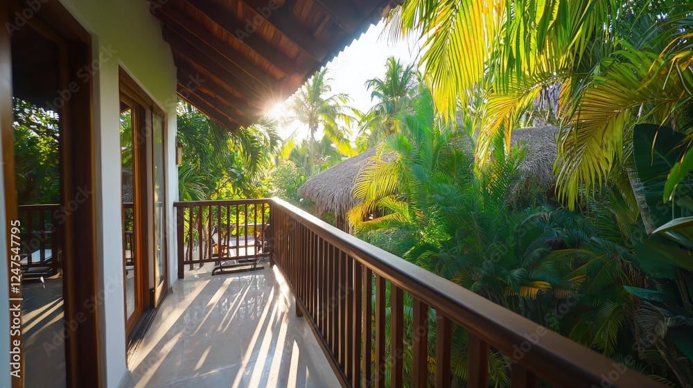 A tropical resort balcony overlooking dense greenery. A tropical resort balcony overlooking dense greenery.