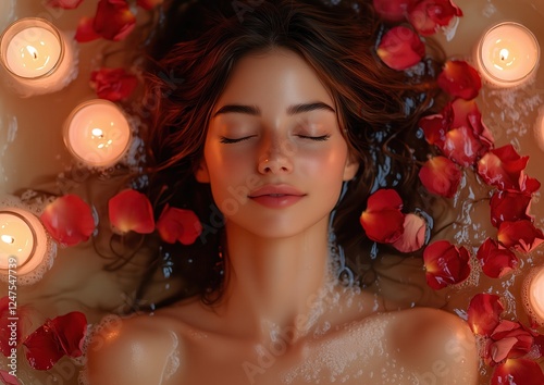 Woman Relaxing in Bath Reclining in Water Eyes Closed Smiling Surrounded by Rose Petals and Votive Candles Valentine's Day Spa Photorealistic Background Image Wallpaper Model Girl Women Long Hair Wet