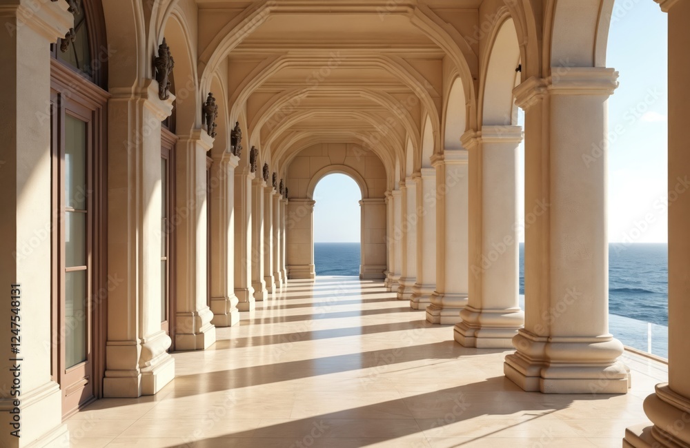 Serene classical hallway with arched columns. Elegant architecture with beige stone pillars creates tranquil corridor. Large archways open to vast ocean view. Light filters through archways, Serene classical hallway with arched columns. Elegant architecture with beige stone pillars creates tranquil corridor. Large archways open to vast ocean view. Light filters through archways,