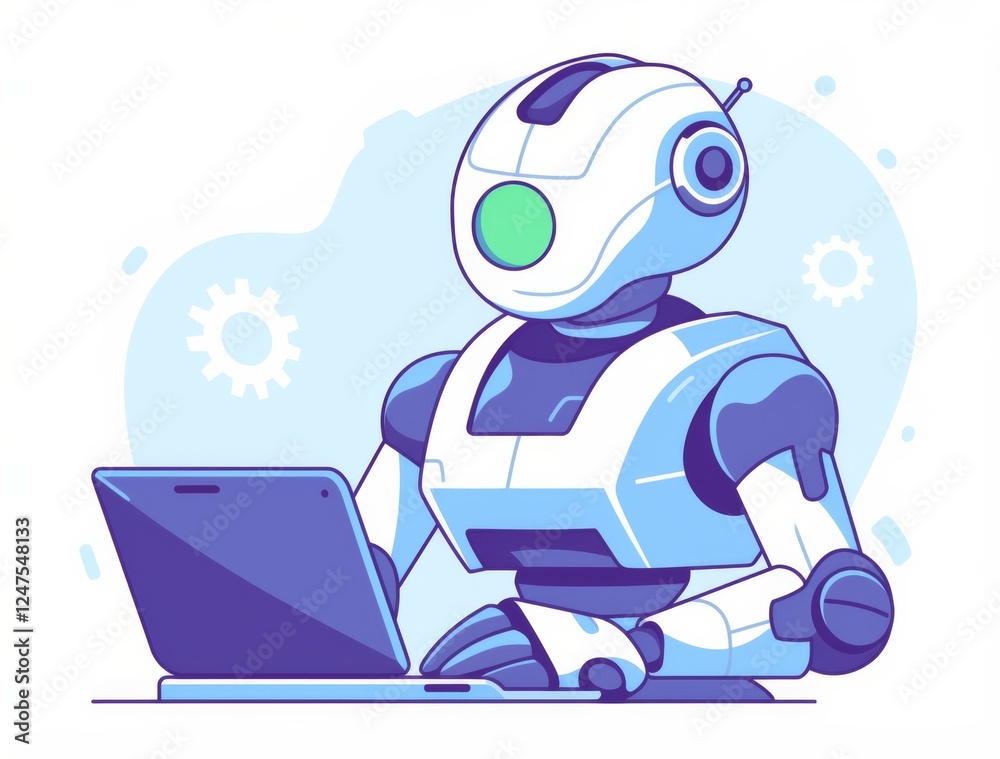 an AI robot working on a laptop, using light purple, dark blue, and green accents. an AI robot working on a laptop, using light purple, dark blue, and green accents.