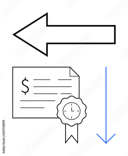 Large left-pointing arrow, financial document with seal, and vertical arrow represent direction, finance, time. Ideal for business strategy, timelines, goal setting, project management