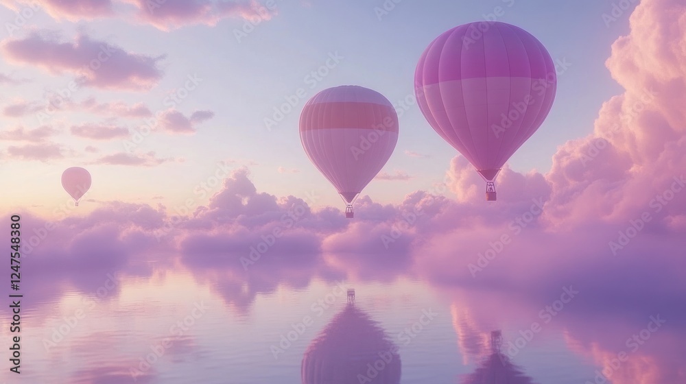 Obraz premium Pink hot air balloons soar above dreamy cloudscape, reflecting in tranquil water, sunset