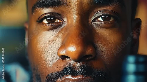 Close up portrait of a pensive young african american man staring intensely at the camera, a bottle subtly placed in the foreground, creating a sense of contemplation and introspection