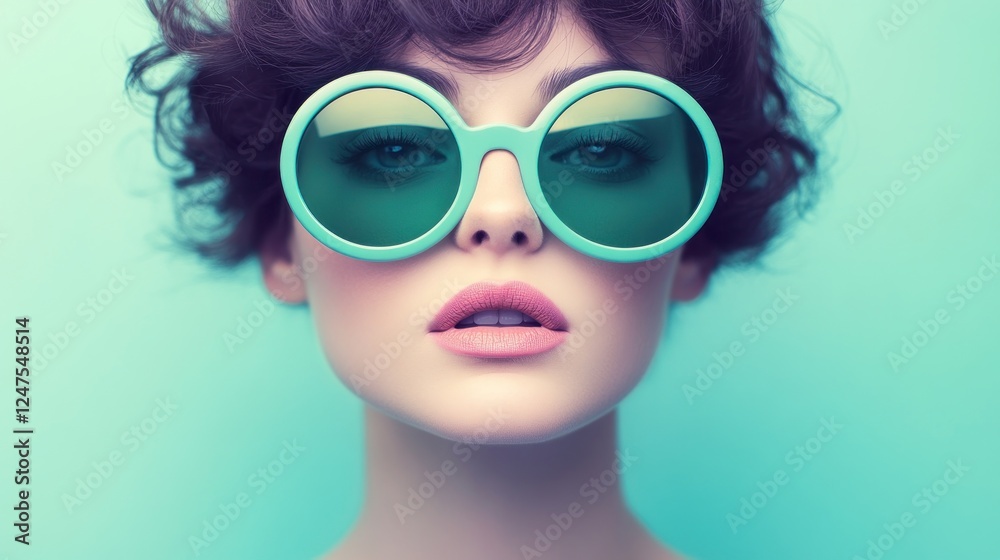 Woman, teal sunglasses, studio, aqua backdrop, fashion Woman, teal sunglasses, studio, aqua backdrop, fashion