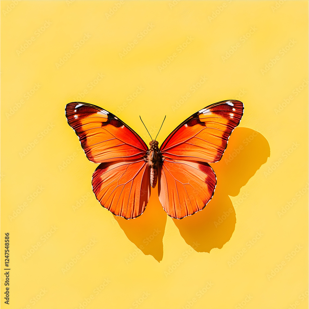 Fototapeta premium Vibrant Yellow Butterfly: A Stunning Macro Shot of a Butterfly on a Sunny Yellow Background, Perfect for Spring and Summer Designs, Nature Themes, and