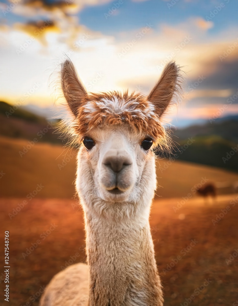 Obraz premium A charming alpaca looks directly at the camera, showcasing its fluffy wool and delightful expression. The beautiful sunset creates a soothing background in a tranquil outdoor setting