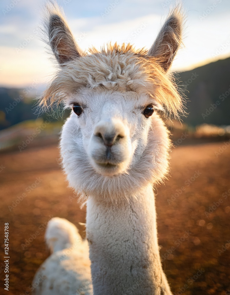 Obraz premium A fluffy alpaca gazes directly at the camera with a quirky expression, surrounded by soft natural light
