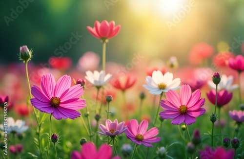 Colorful cosmos flowers bloom in garden. Vibrant pinks purples, whites create beautiful scene. Sun shines through flowers. Spring summer season. Relaxing nature scene. Ideal for mothers day cards