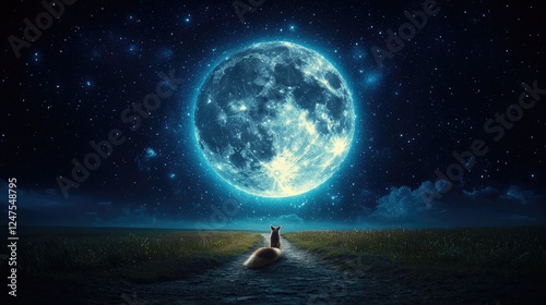 Fox gazing at giant moon, night field, fantasy art