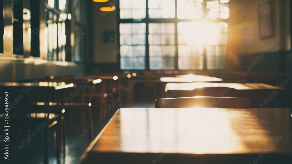 Sunlit cafe tables, empty chairs, interior, sunset glow, background