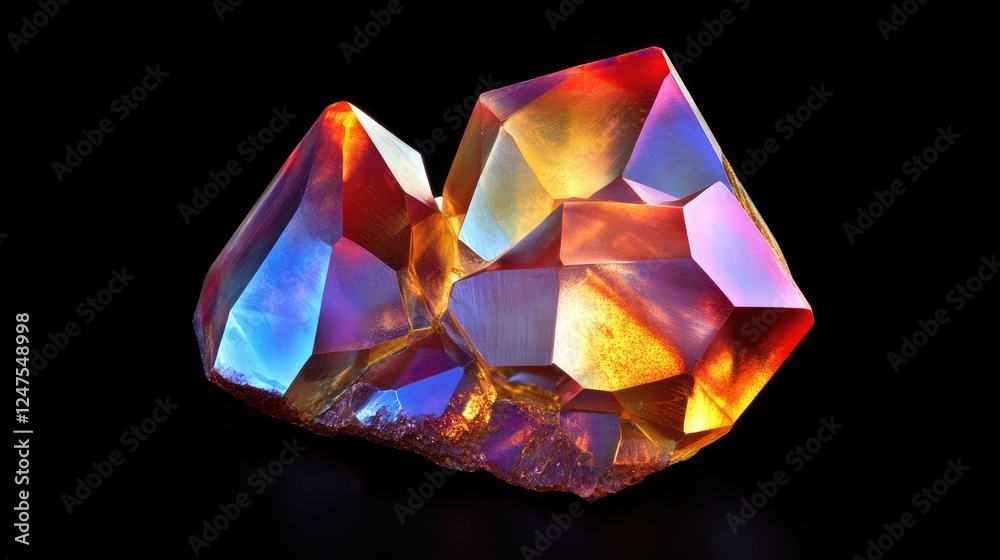 A vibrant, multifaceted crystal showcasing iridescent colors against a dark background. A vibrant, multifaceted crystal showcasing iridescent colors against a dark background.