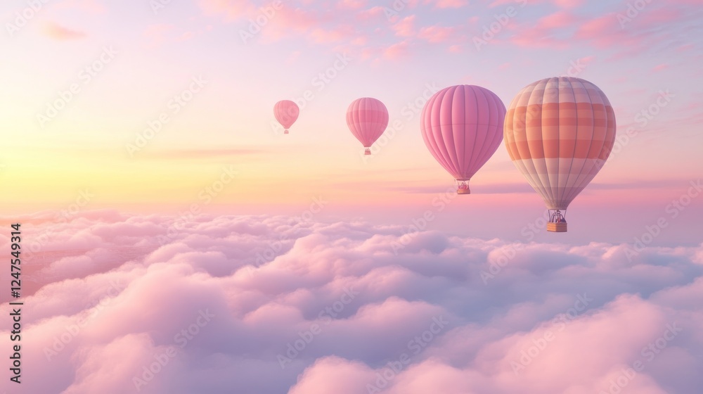 Fototapeta premium Sunrise hot air balloons floating above cloudscape