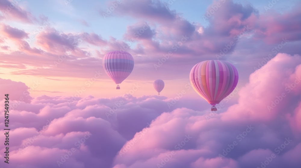 Fototapeta premium Pastel hot air balloons soar above dreamy clouds at sunset, ideal for travel posters