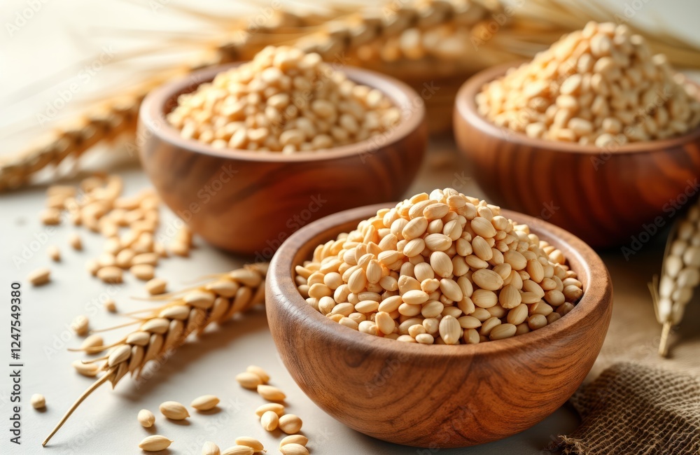 Wooden bowls filled with whole wheat grains. Wheat ears, grains scattered around bowls on light table. Healthy food concept. Natural food ingredient. Rustic style. Food art. Agriculture theme. Farm Wooden bowls filled with whole wheat grains. Wheat ears, grains scattered around bowls on light table. Healthy food concept. Natural food ingredient. Rustic style. Food art. Agriculture theme. Farm