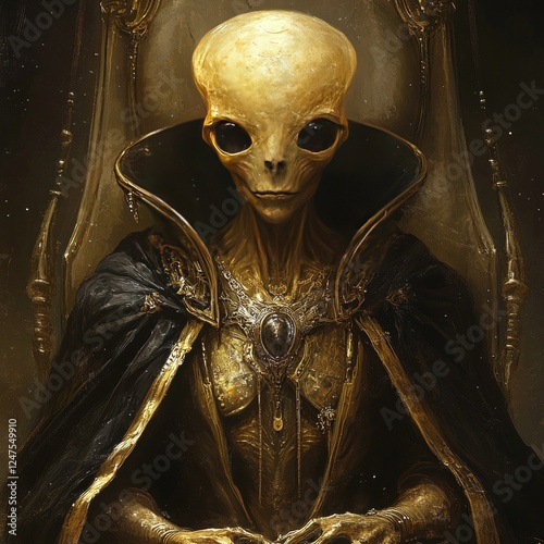 A majestic alien figure, pale gold skin, large eyes, seated on an ornate throne wearing a dark robe and gold accents, evokes power and mystery.