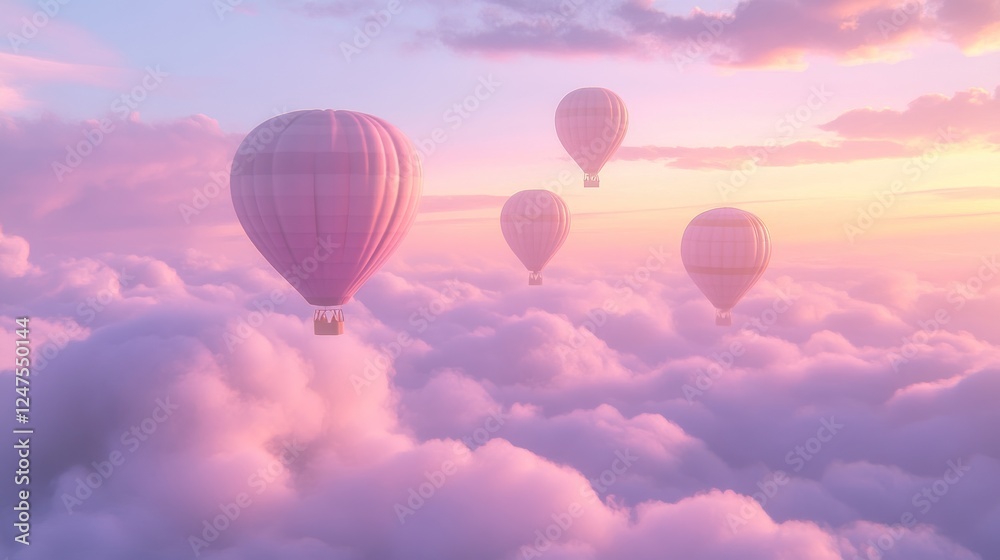 Obraz premium Pink hot air balloons soar above clouds at sunset, peaceful travel advertisement