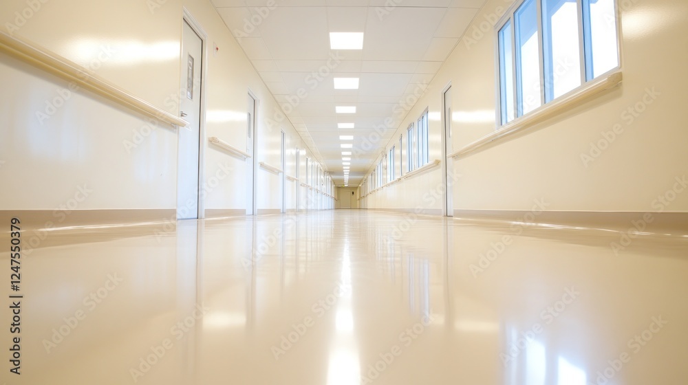 Obraz premium Bright hospital corridor, sterile, doors, windows, calm background, healthcare