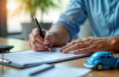 Person signs car purchase documents. Sales agent explains terms of contract. Client reviews car insurance policy. Pro car dealer, client interact. Car contract signing in office environment. Business photo