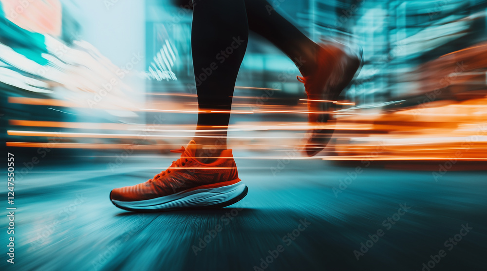 Fototapeta premium running blurry leg in running sneaker, noisy picture, fast, hight contrast