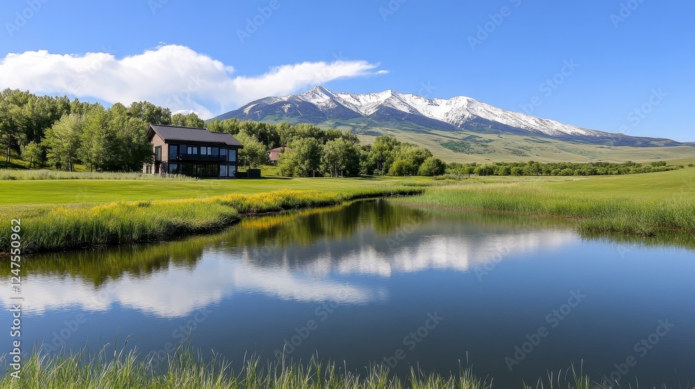 Tranquil Meadow Reflecting in Pond with Modern House and Snow Capped Mountains Tranquil Meadow Reflecting in Pond with Modern House and Snow Capped Mountains